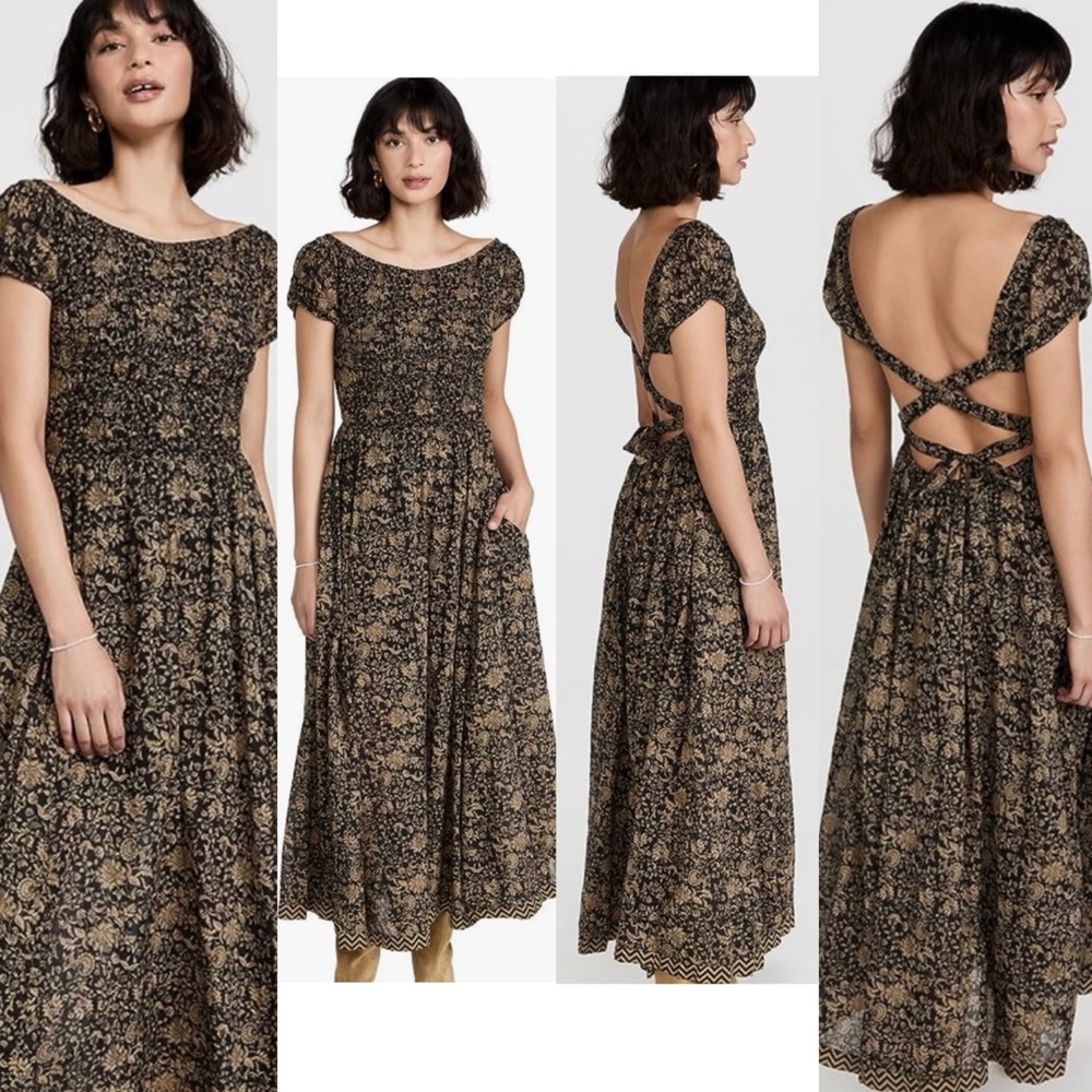 Free People Ultraviolet Ruched Detail Open Back Boho Maxi Dress Black Tan Large